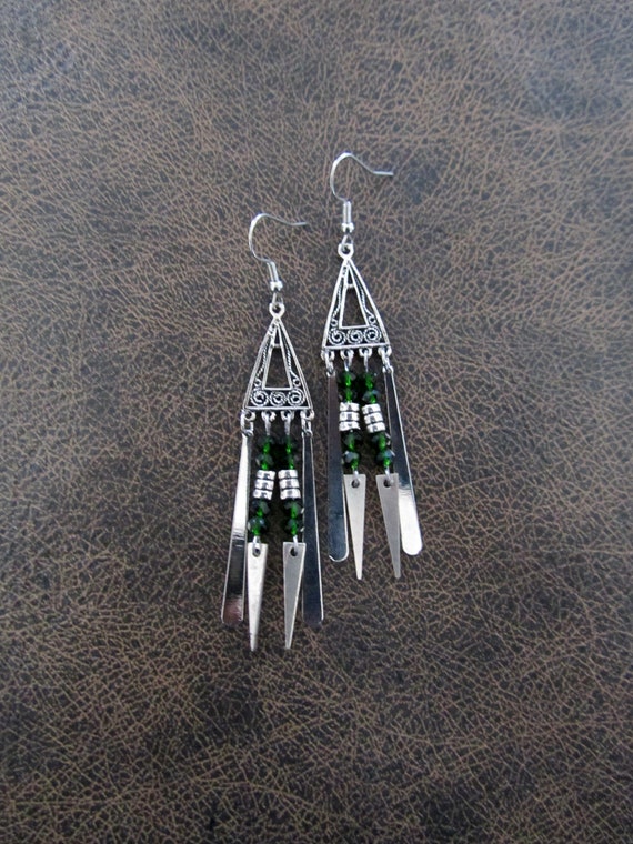 Green and silver chandelier earrings, gypsy crystal dangle earrings