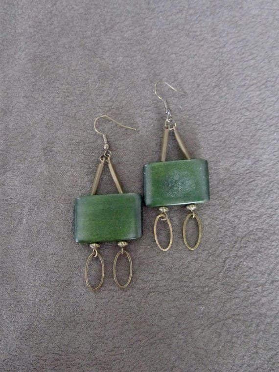 Large geometric mid century wooden earrings, green