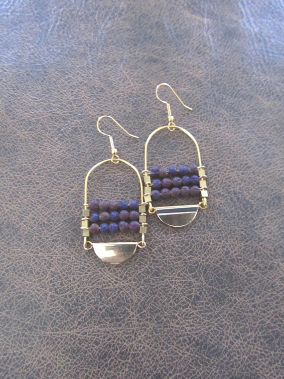 Lava rock chandelier earrings gold and purple 2