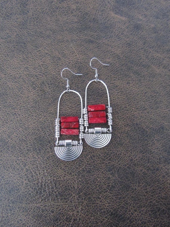 Red Imperial Jasper Chandelier Earrings: Tribal Boho Style silver