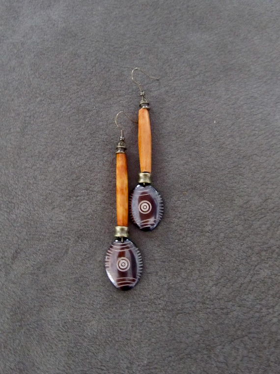 Ethnic earrings, tribal dangle earrings, horn Afrocentric African earrings, bold statement carved bone earrings, primitive exotic