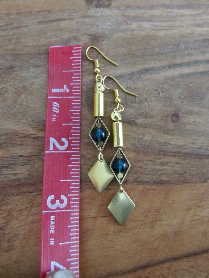Brass and blue geometric earrings 画像 2