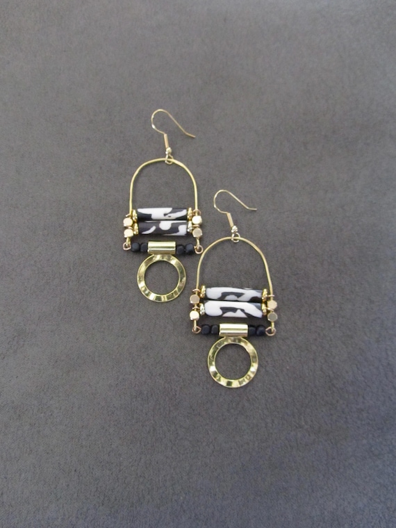 Afrocentric Chandelier Earrings: Batik Bone Beads, Gold Hooks