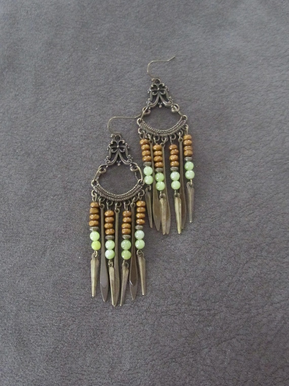 Large Chandelier Boho Earrings, Tribal jadeite and Wood Bead Earrings