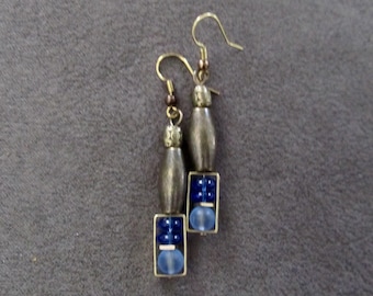 Bronze and periwinkle glass dangle earrings, artisan ethnic earrings, simple chic