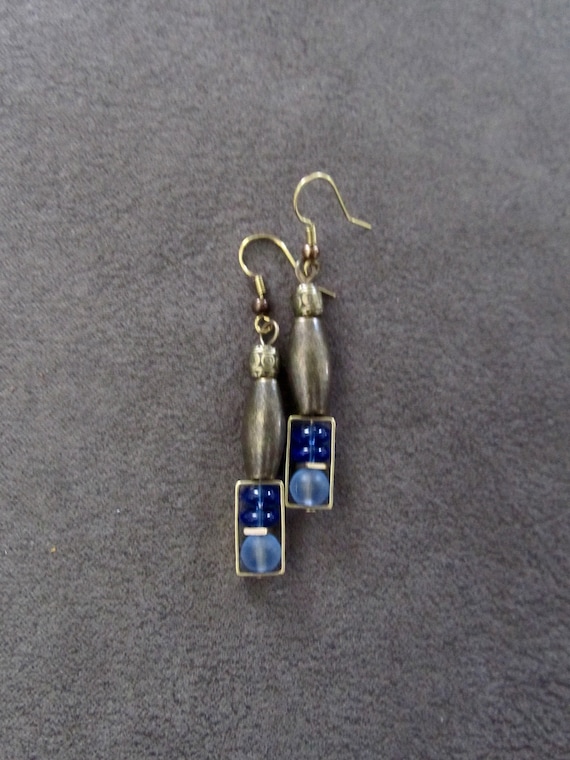 Bronze and periwinkle glass dangle earrings, artisan ethnic earrings, simple chic