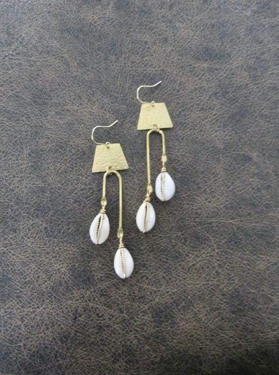 Brass modern cowrie shell earrings
