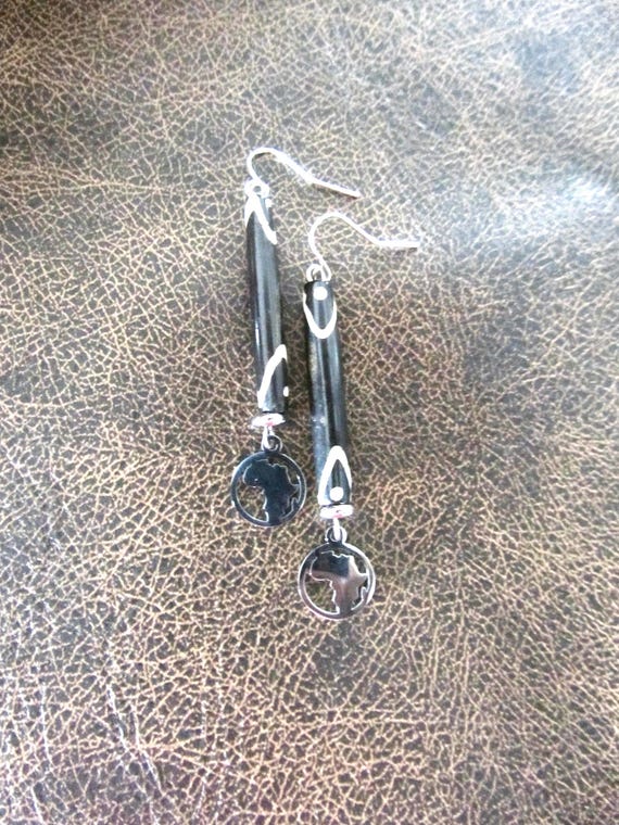 Carved bone and silver Africa  earrings