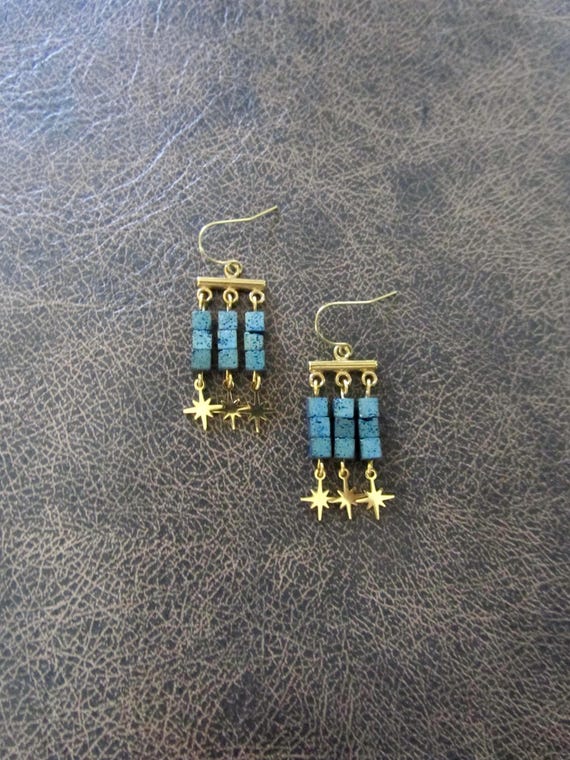 Electroplated teal lava rock and gold chandelier earrings