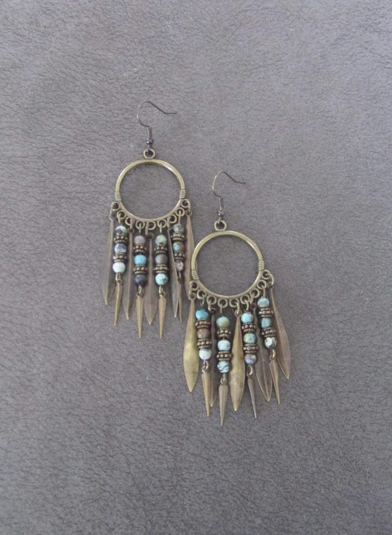 Boho chic beaded chandelier earrings, turquoise jasper