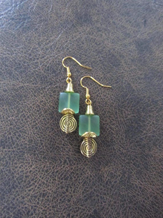 Gold and green frosted glass earrings