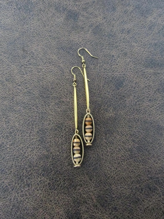 Industrial modern Tibetan agate and brass earrings