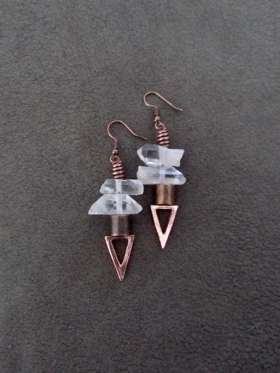 Raw quartz crystal earrings, clear and copper