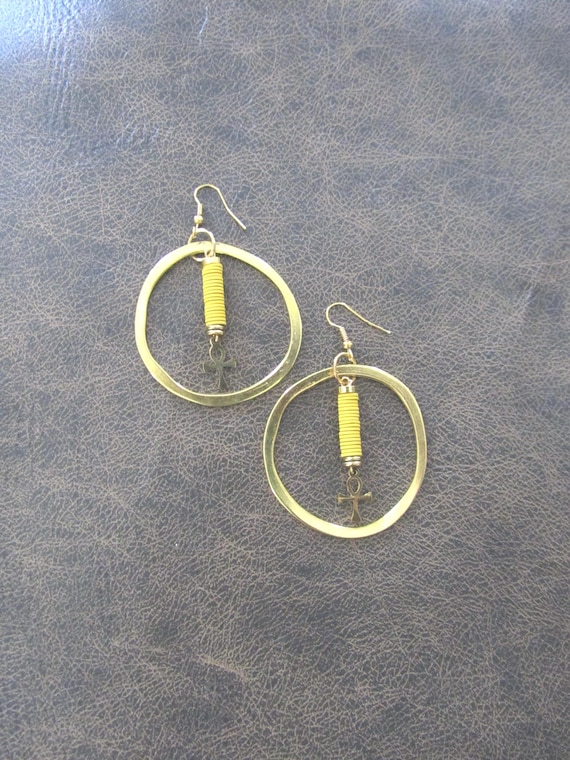 Gold ankh hoop earrings, yellow