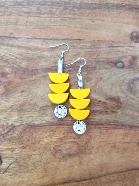 Yellow Wooden Pagoda Earrings: Mid Century Modern Silver Hooks