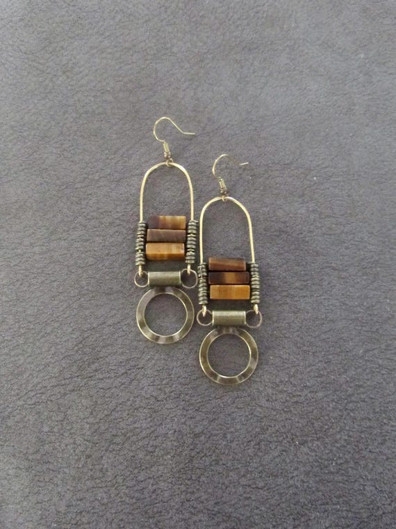 Chandelier earrings, Afrocentric earrings, bronze ethnic statement earrings, chunky bold earrings, African earrings, tiger's eye earrings 2