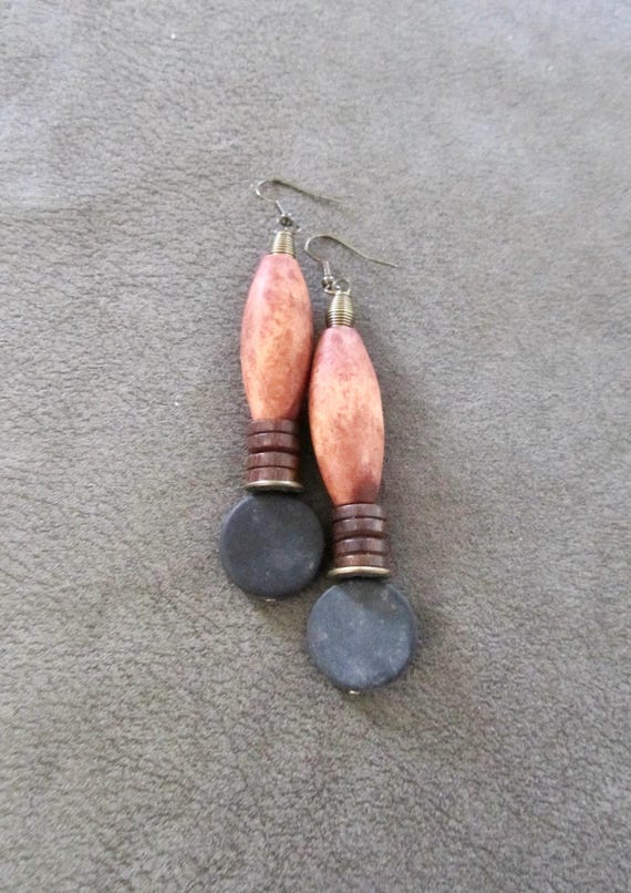 Oversized long natural wooden and stone earrings