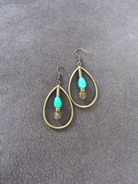 Green jadeite boho chic earrings, bronze hoop