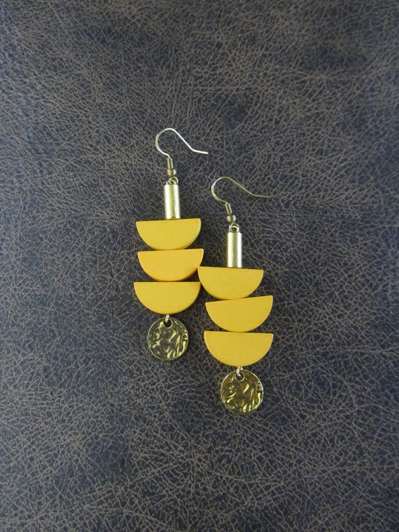 Yellow wooden earrings, mid century modern earrings, unique pagoda earrings, gold