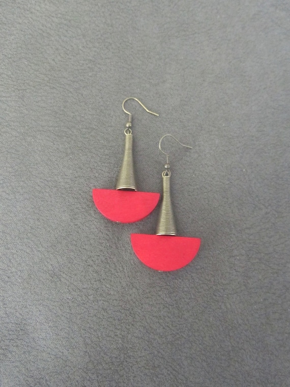 Wood and Bronze Tribal Earrings, Red Geometric Dangle