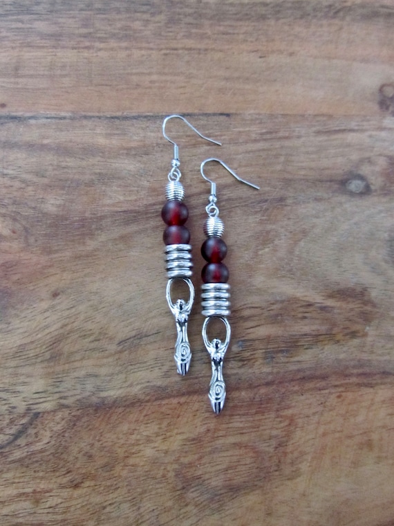 Red frosted glass and silver goddess earrings