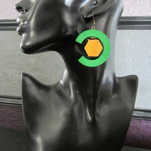 Wooden earrings, statement geometric earrings, green earrings, hexagon earrings image 3