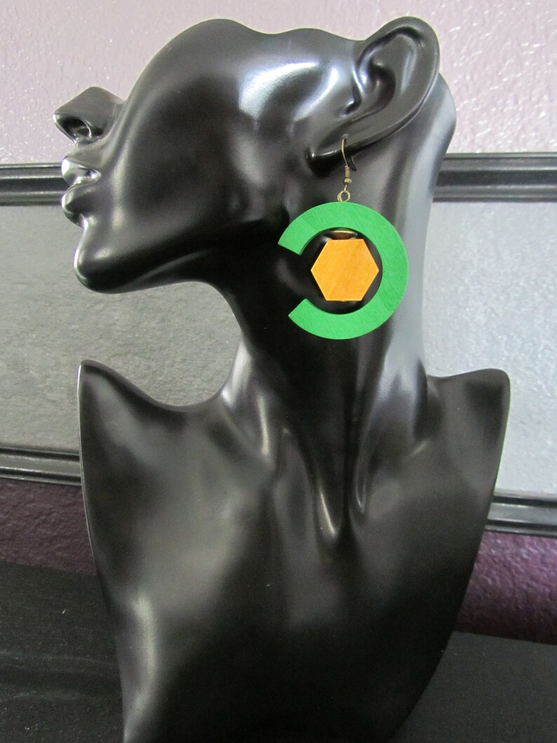 Wooden earrings, statement geometric earrings, green earrings, hexagon earrings image 3