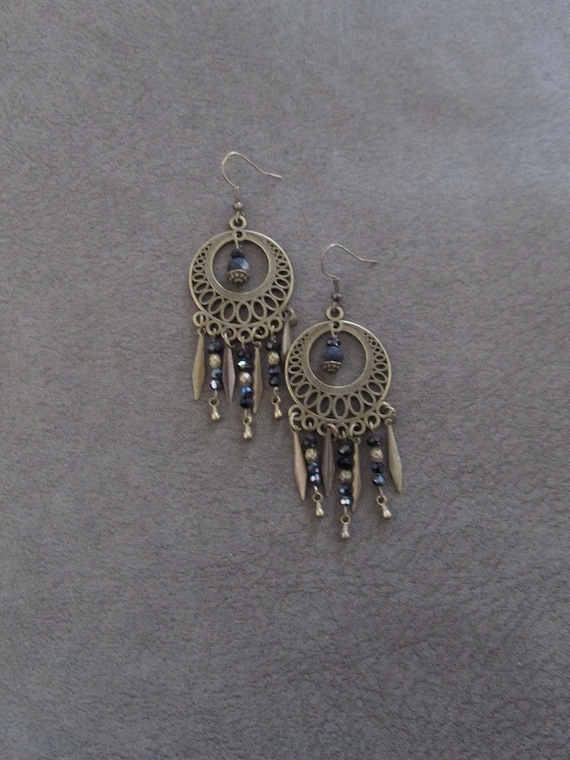 Crystal chandelier earrings, black and bronze earrings