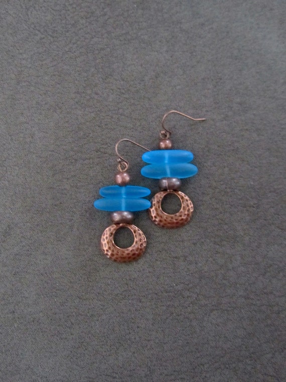Blue frosted glass and antique copper earrings