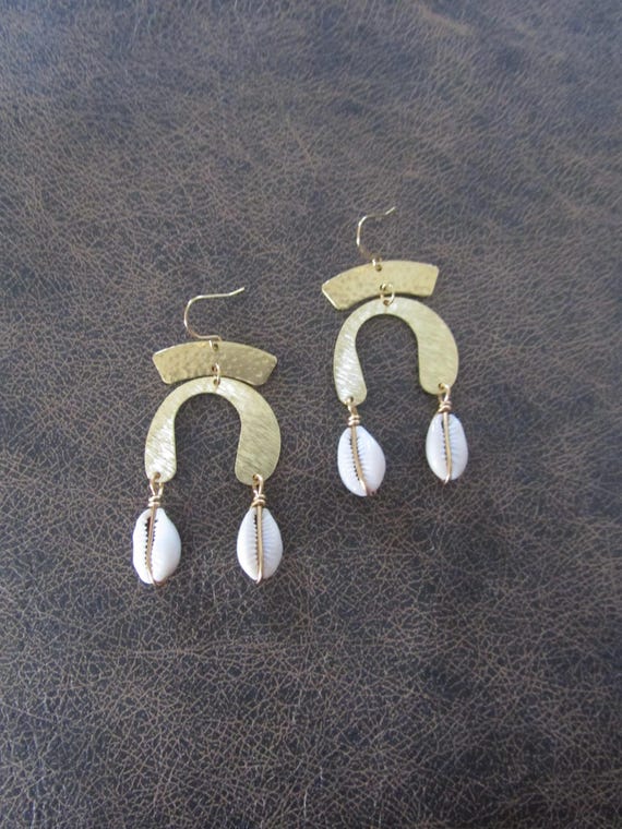 Hammered brass and cowrie shell earrings