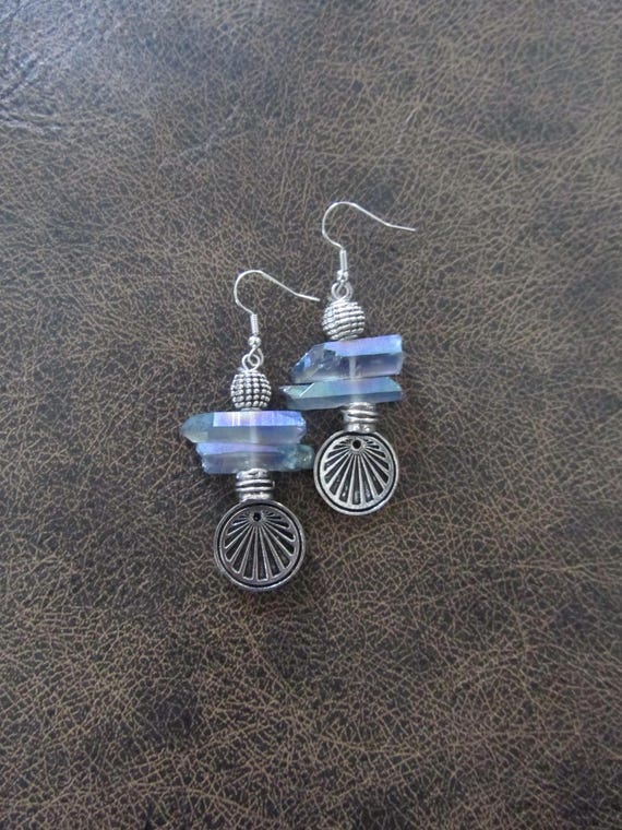 Raw quartz crystal earrings, iridescent