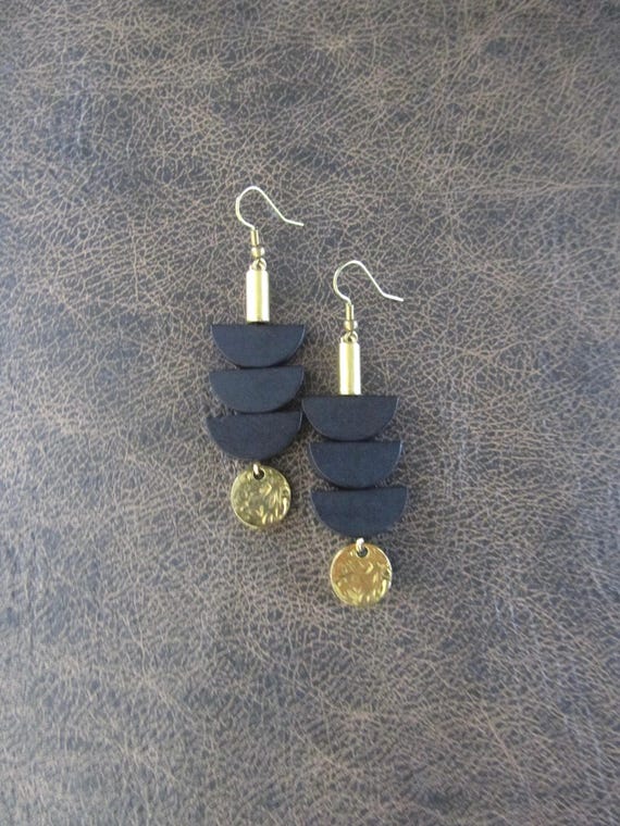 Black Wooden Earrings: Mid Century Modern Gold Pagoda Earrings