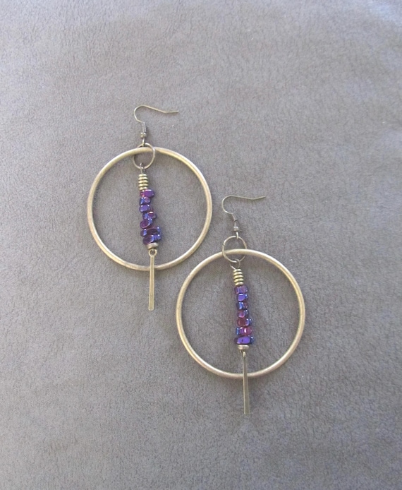 Bronze hoop and purple nugget earrings