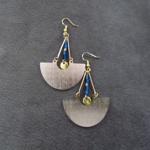 Large gold and blue hematite mid century modern Brutalist earrings image 1