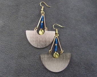 Large gold and blue hematite mid century modern Brutalist earrings