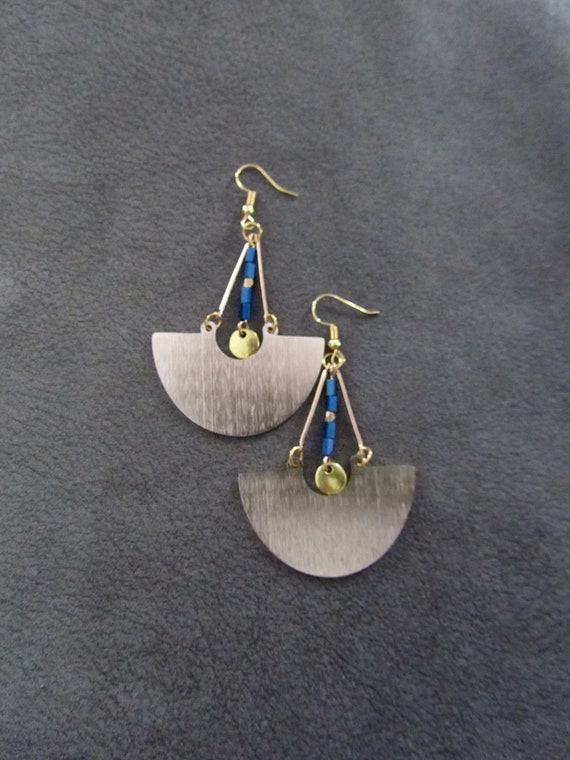 Large gold and blue hematite mid century modern Brutalist earrings