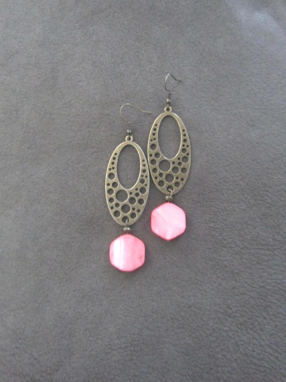 Boho Bronze Earrings: Coral Mother of Pearl Shell, Mid Century Modern