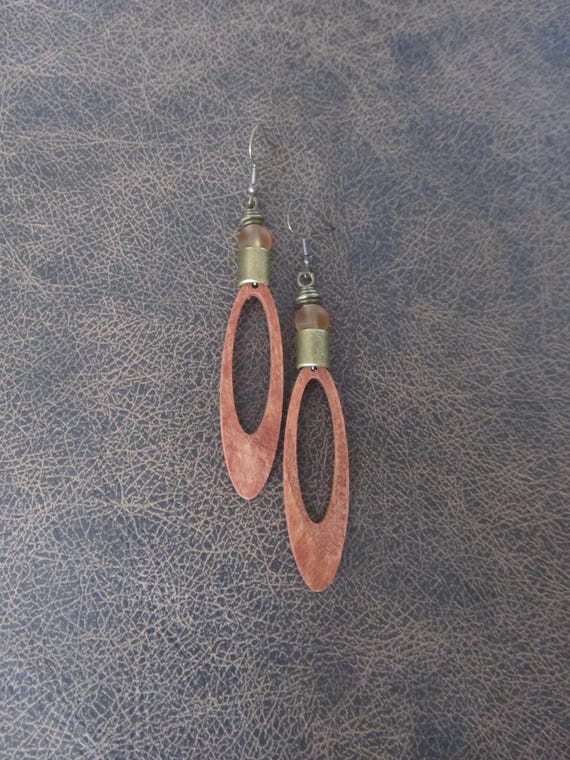 Long Wood Oval Earrings, Frosted Glass Beads, Boho Geometric Jewelry 2