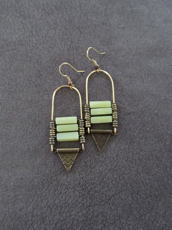 Jadeite stone and antique bronze ethnic statement earrings