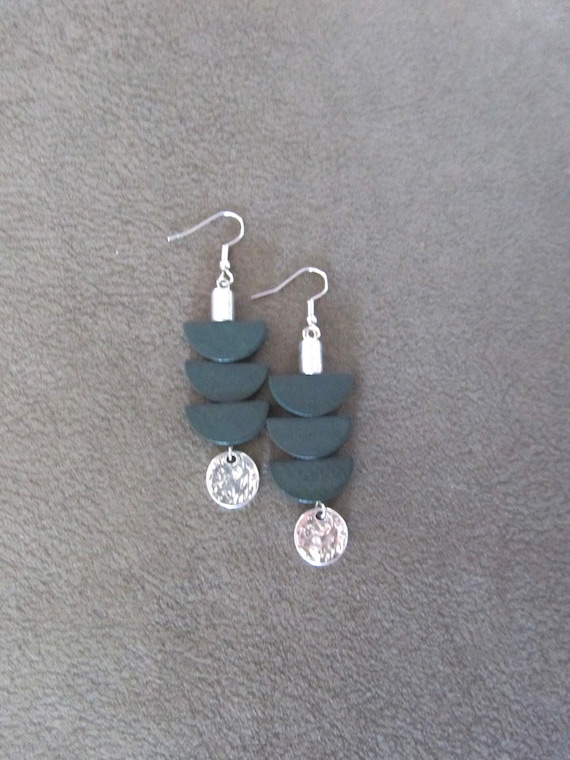 Green Wooden Earrings: Mid Century Modern Pagoda Style