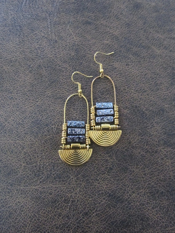 Lava rock and gold earrings, blue