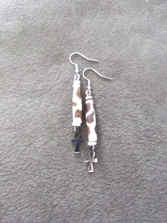 Ankh Egyptian African earrings, fertility symbol, Afrocentric batik print bone, silver