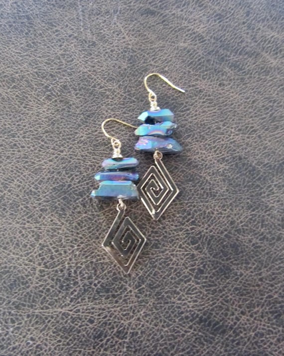 Raw quartz crystal earrings, multicolor and gold