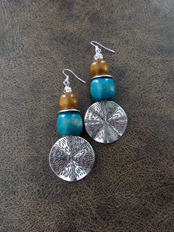 Large hammered silver and wooden earrings, teal