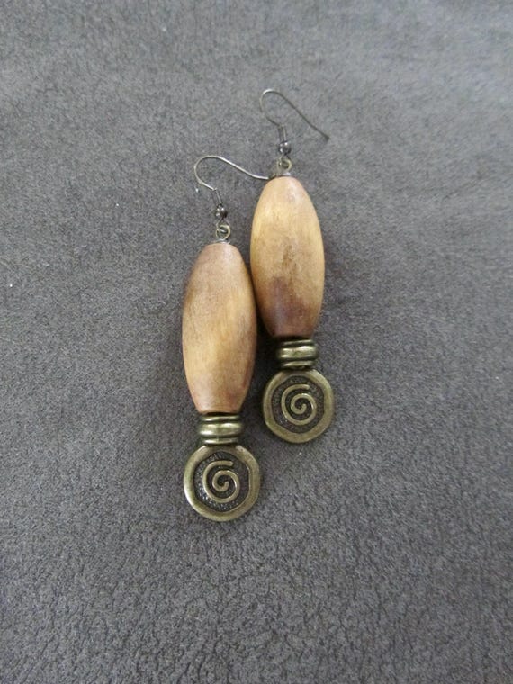 Wooden mid century modern spiral earrings, bronze