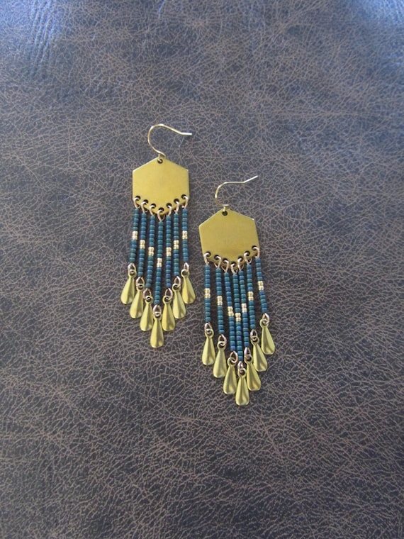 Teal seed bead and brass earrings