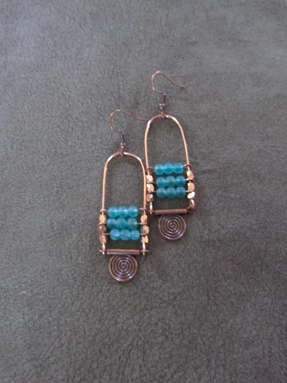 Copper and frosted glass ethnic dangle earrings, blue