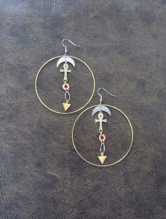 Large brass ankh hoop earrings