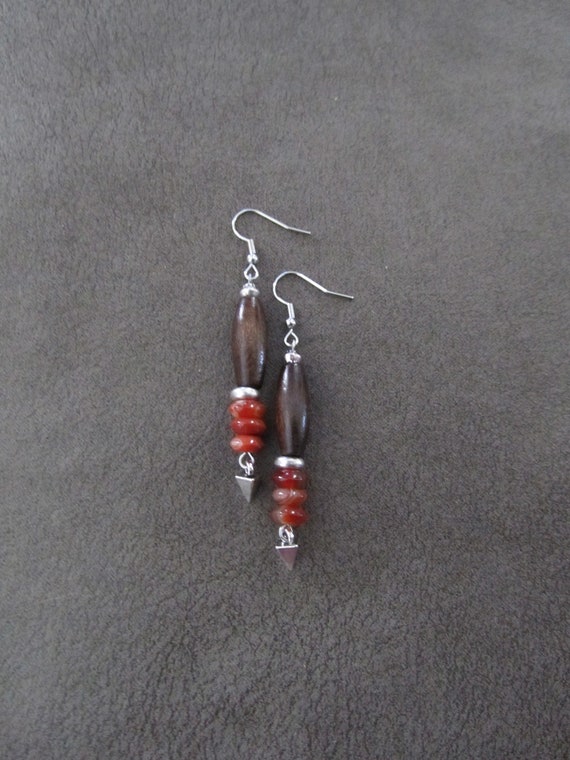 Orange agate and wooden earrings