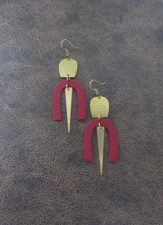 Geometric red and gold modern earrings